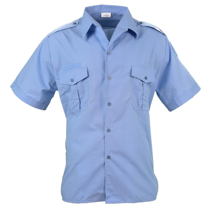 Chemise en coton bleue à manches courtes, d'origine Police Militaire Française, avec poches poitrine et épaulettes, état neuf