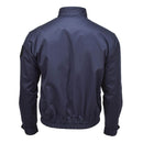 Back view of a navy blue French military police jacket with elastic waistband and adjustable cuffs.