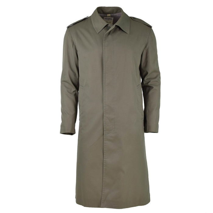 Vintage olijfgroene Franse militaire waterdichte trenchcoat met volledige lengte en stormflapsluiting aan de voorkant