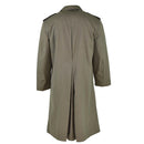 Back view of vintage French military olive waterproof trench coat with full-length design and epaulettes.