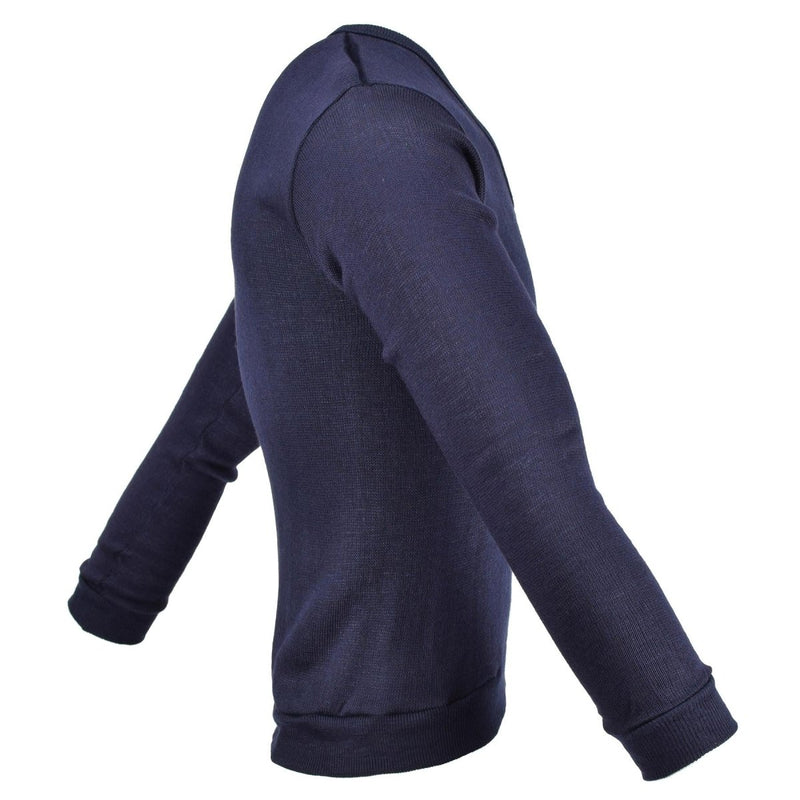 Side view of genuine French military school blue jersey sweatshirt with long sleeves and V-neck design
