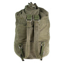 Large genuine German army sea sack duffel bag with shoulder straps and lockable backpack design in olive green canvas.