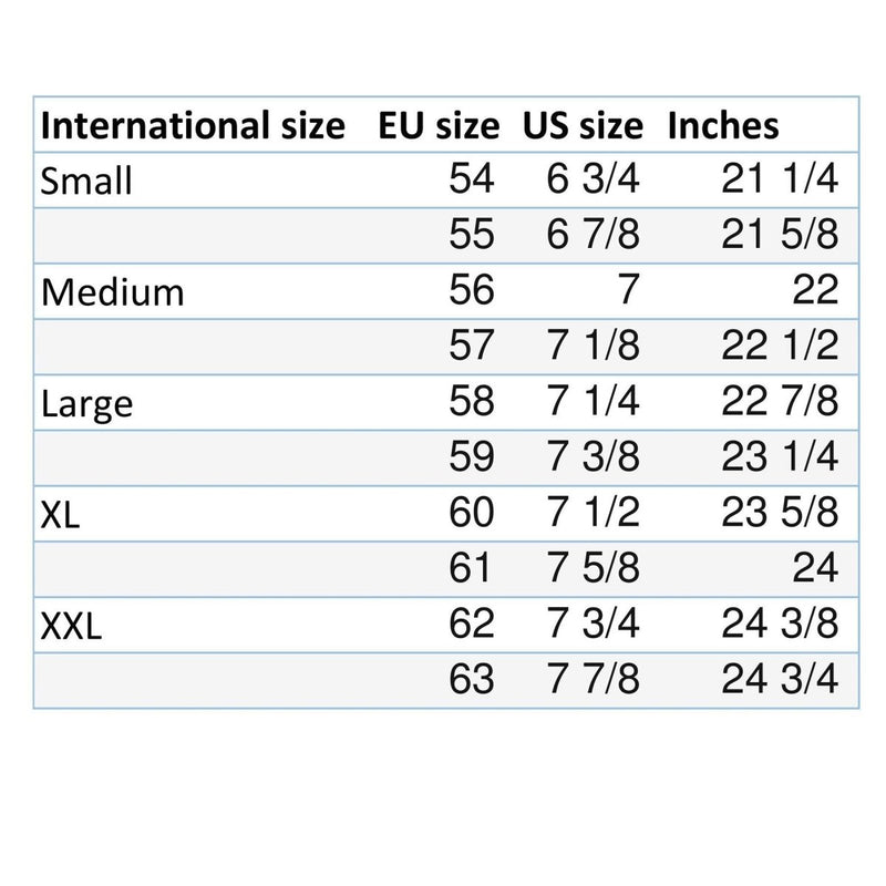 Size chart for German army visor cap showing international, EU, US sizes and head circumference in inches.