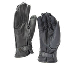 Pair of genuine black leather gloves with adjustable wrist straps, lined for warmth and durable for winter use.