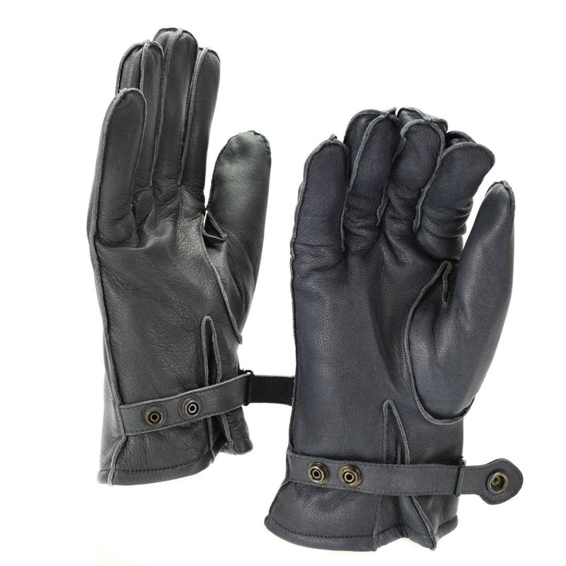 Pair of genuine German police black leather gloves with adjustable straps and lined for winter warmth
