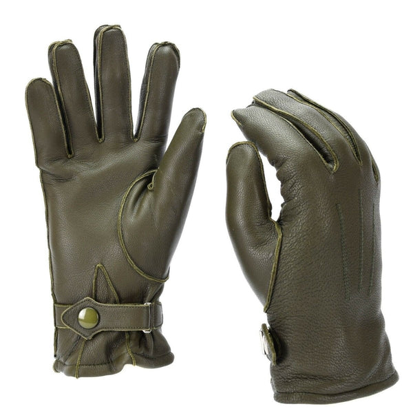 Genuine German police leather gloves in olive with wool lining and adjustable strap for winter warmth and durability.