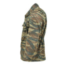 Side view of genuine Greek army field jacket in lizard camouflage military surplus shirt design