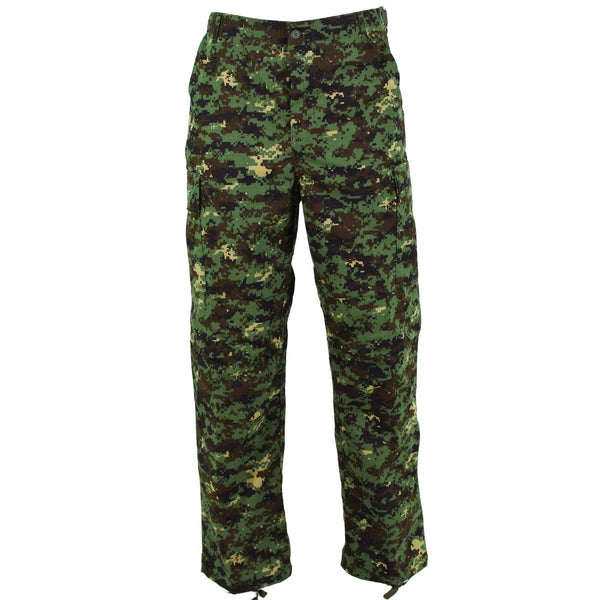 Genuine Guinea Bissau military ripstop jungle camouflage pants with adjustable waist, reinforced knees, and durable polycotton blend.