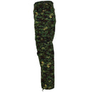 Side view of genuine Guinea Bissau military jungle camouflage ripstop pants with reinforced knees and adjustable cuffs.