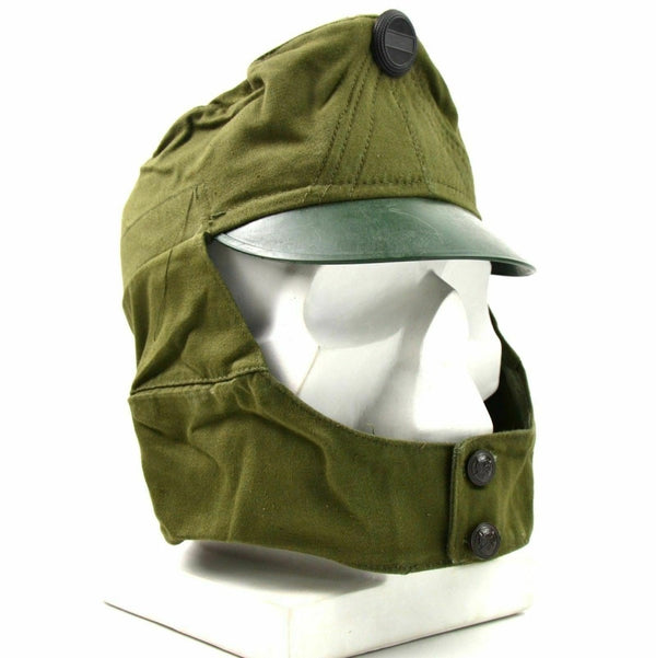 Vintage genuine Hungarian army fatigue peaked cap with olive fabric, visor, neck flap, and military badge emblem.