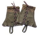 Pair of vintage genuine Italian army olive canvas gaiters with front laces and ankle straps for hiking or military use
