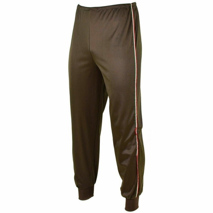 Vintage bruine trainingsbroek van het Italiaanse leger met rode, witte en groene zijstreep en elastische manchetten