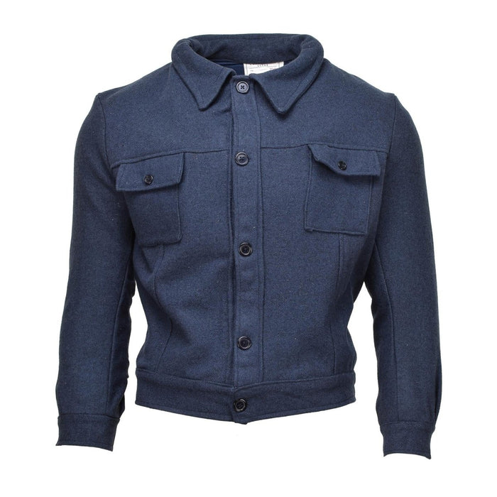 Vintage echte Italiaanse militaire wollen gabardine jas in blauw met knoopsluiting en borstzakken, stevig en duurzaam ontwerp.