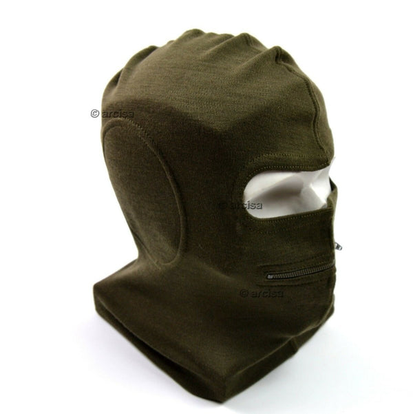 Olive green Italian army balaclava with two eye holes and zippered mouth for cold weather protection.