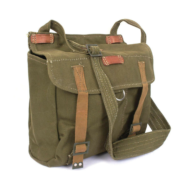 Genuine Romanian army bread bag made of olive green canvas with leather accents and adjustable shoulder strap
