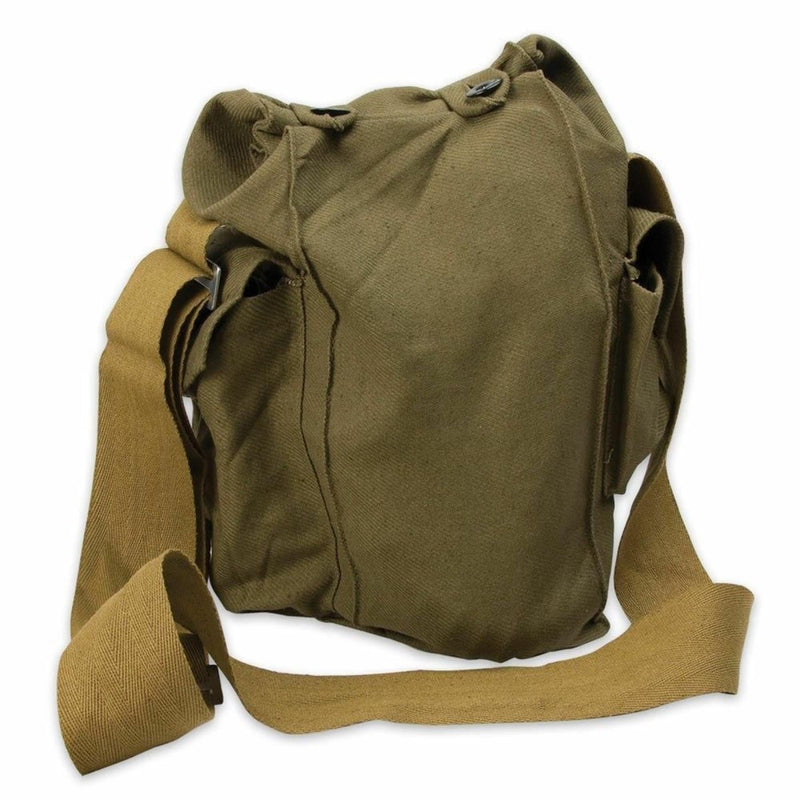 Vintage Soviet GP-5 military gas mask bag made of durable olive canvas with adjustable shoulder strap.