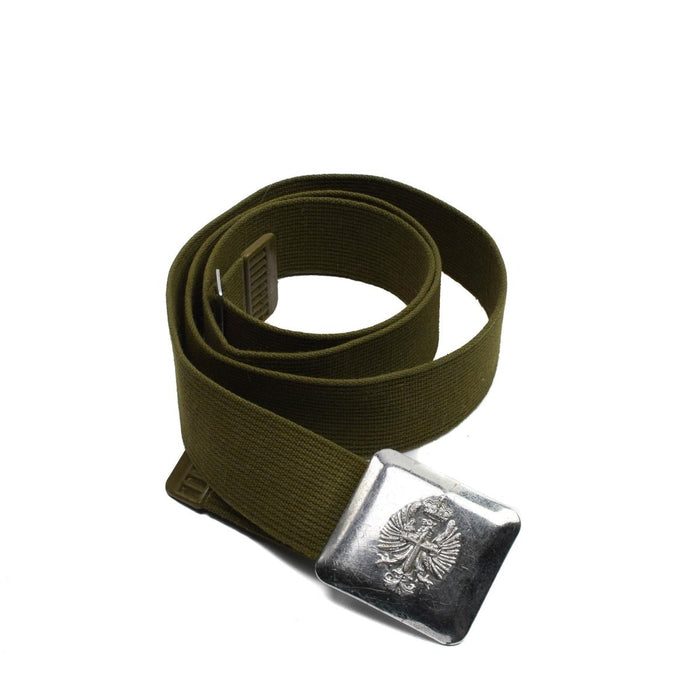 Vintage Spaanse legerriem gemaakt van canvas met een metalen gesp met een gedetailleerd militair embleemontwerp.