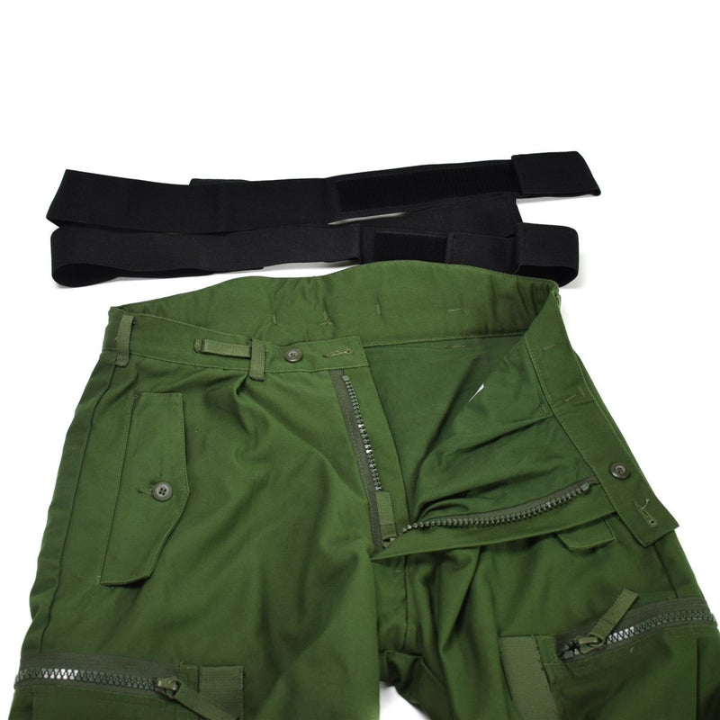 Genuine Swedish thermal olive green military BDU pants with zippered pockets and detachable black braces overall