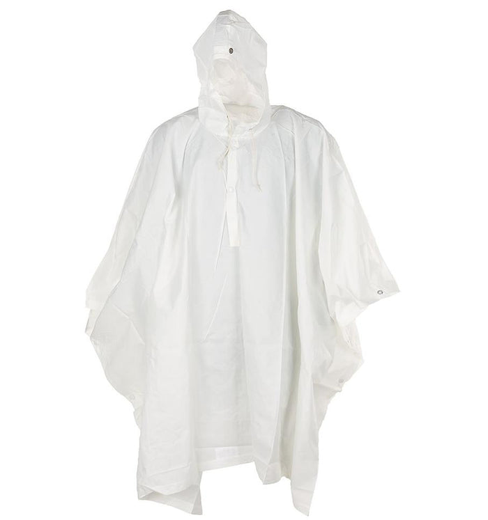 Echte witte wintercamouflageponcho van het Zwitserse leger met capuchon, waterdicht materiaal, knoopsluitingen en verstelbare pasvorm.