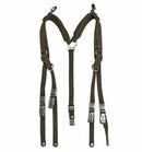 German army Y-strap suspenders made of durable poly-cotton with metal clips and aluminum D-rings for tactical gear.