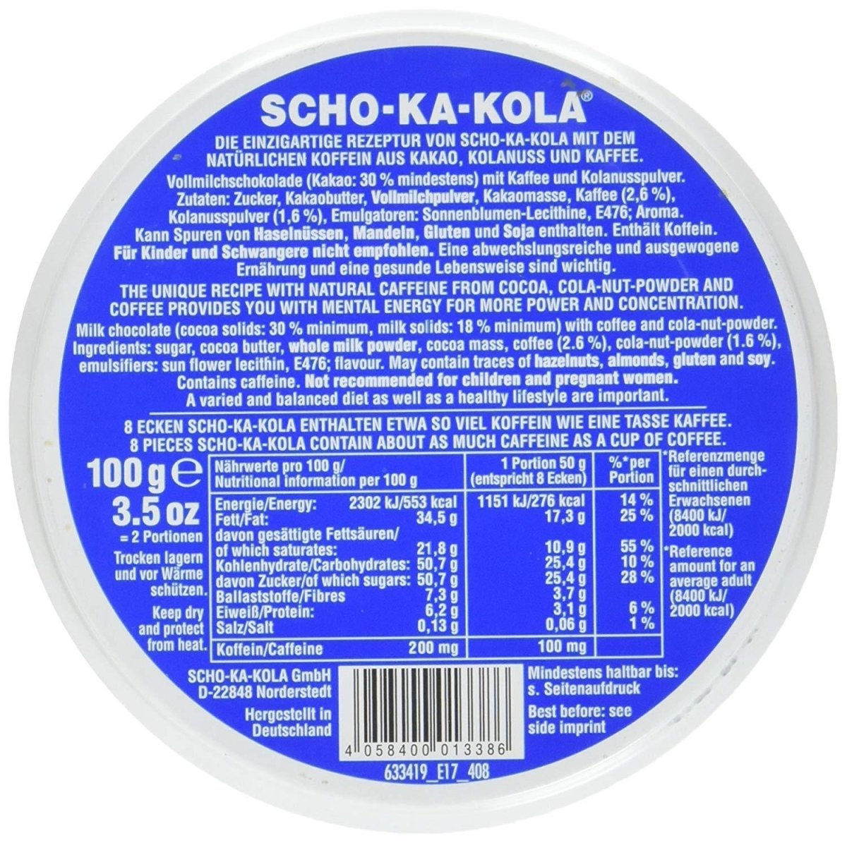Duitse energie Melk chocolade Scho-Ka-Kola Volle Milk 100 G Tin Can Blauw