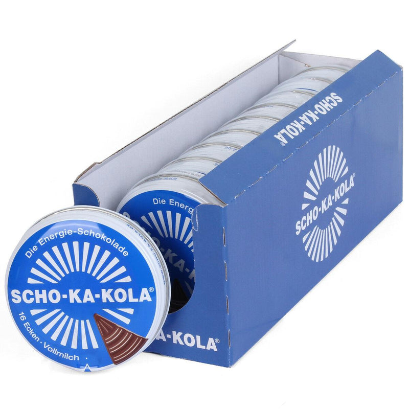 Box of German SCHO-KA-KOLA whole milk chocolate tins with caffeine, each tin containing 100g of energy-boosting chocolate.