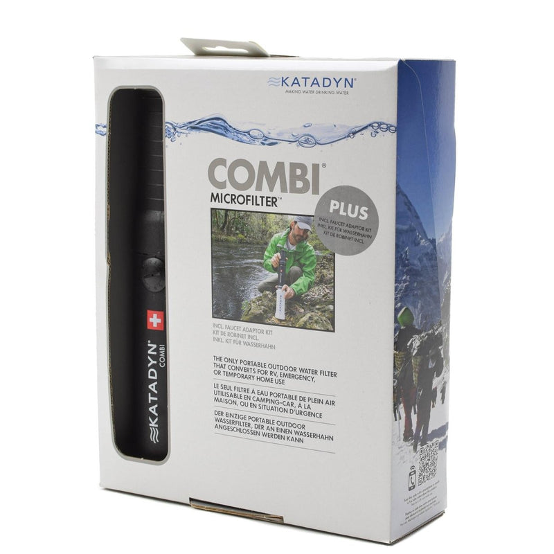 Katadyn Combi Plus portable water filter for camping and emergency use with carbon and ceramic microfilter.