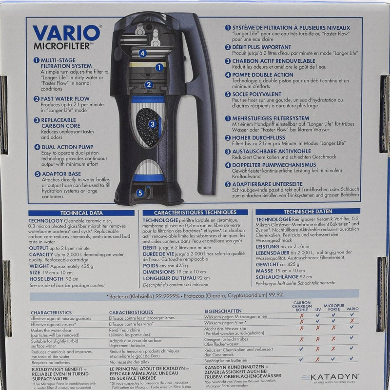 Filtre à eau Katadyn Vario Purification d'urgence longue durée pour camping de qualité supérieure