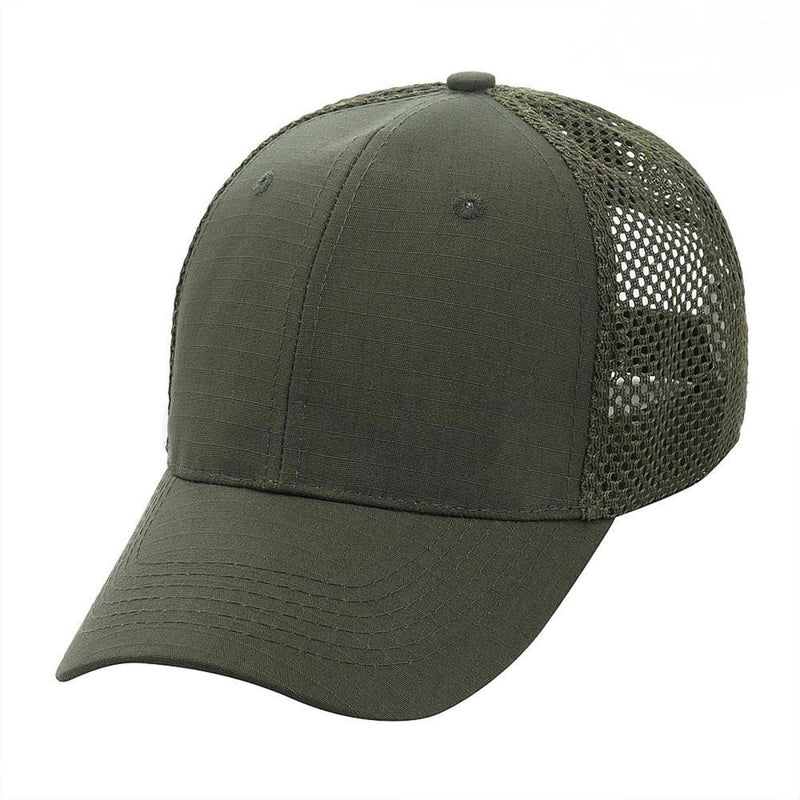 Olive green M-TAC military-style baseball cap with mesh back and adjustable strap for lightweight comfort and ventilation