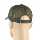 Back view of M-TAC olive military style mesh baseball cap with adjustable hook and loop strap on mannequin