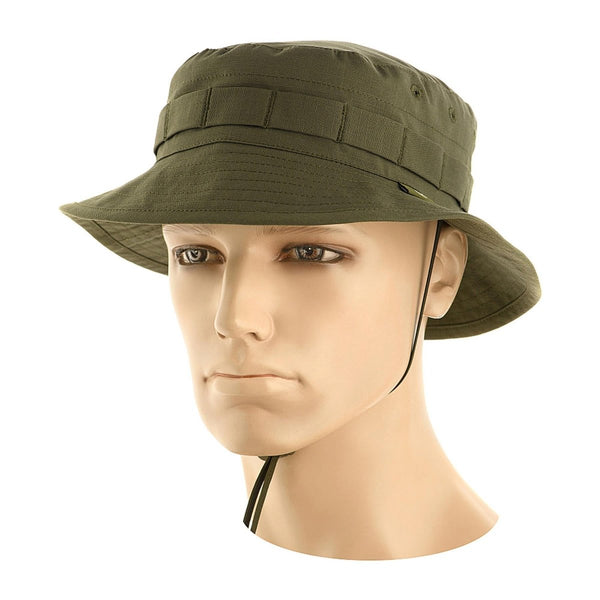 M-TAC Olive military-style boonie hat with adjustable chin strap and camouflage loops for outdoor tactical use.