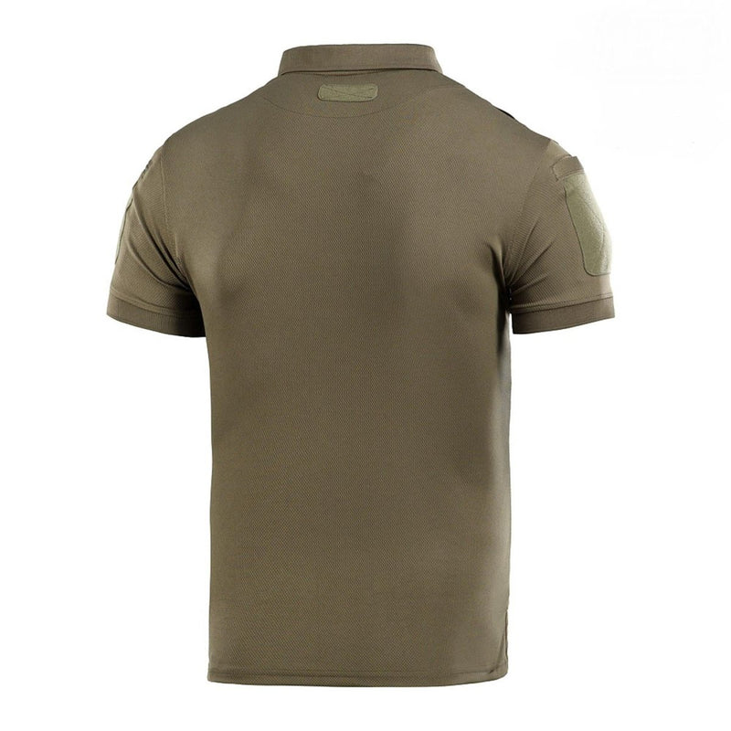 Back view of M-TAC military style olive tactical polo shirt with short sleeves and hook-and-loop panels