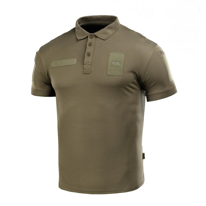 Olijfgroen M-TAC tactisch poloshirt in militaire stijl met ademende, lichtgewicht stof en klittenbandpatches.