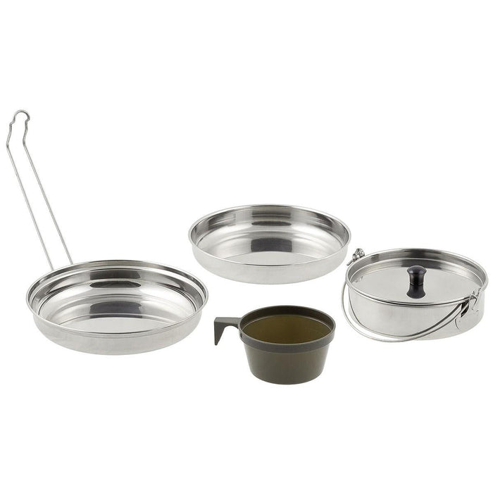 Kit de mess de camping MFH en acier inoxydable de 5 pièces avec casserole, poêle, bol et gobelet en plastique pour la randonnée et le trekking