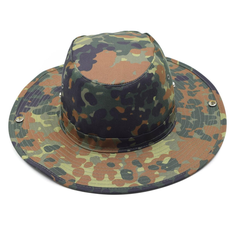 MFH Military bush style hat in flecktarn camo with wide brim and chin strap for outdoor summer use.