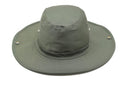 Olive green MFH military style wide brim bush hat with ventilation holes and adjustable chin cord for outdoor use.