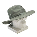 Olive green MFH military style wide brim boonie hat with ventilation holes and adjustable chin strap on white mannequin head.