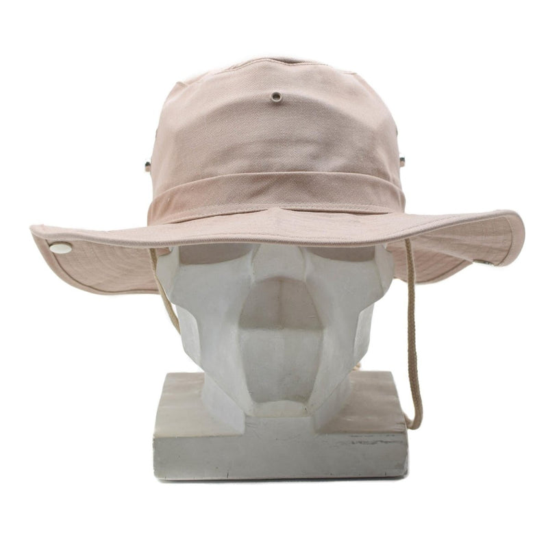 Khaki MFH brand military style wide brim boonie hat with chin strap and ventilation holes for sun protection and comfort