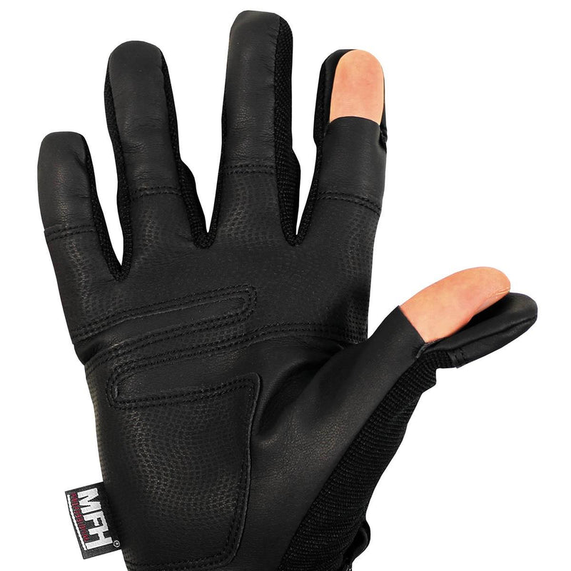 Black MFH tactical shooting glove with breathable fabric and fold-down thumb and index fingers for precision.