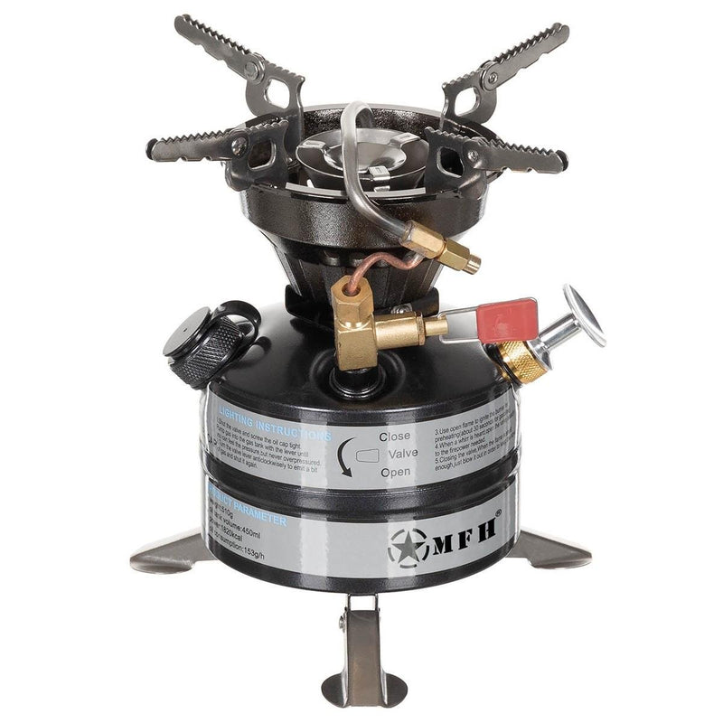 Compact MFH petrol hiking stove with fold-out legs and integrated fuel tank for efficient outdoor cooking.