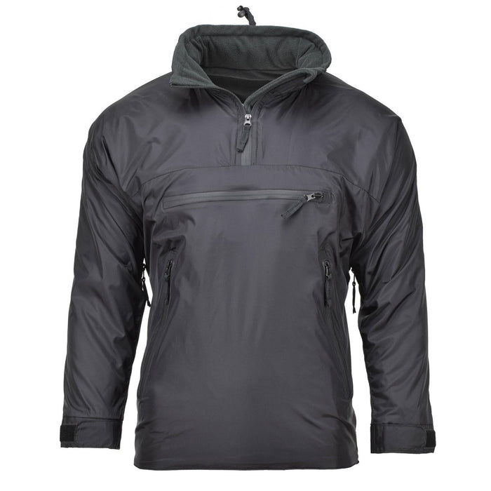 Veste Anorak thermique légère à capuche MFH noire avec poches zippées sur le devant et sur les côtés pour le sport et les activités de plein air.