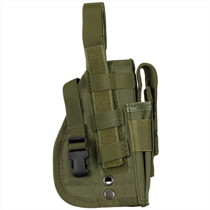 Étui pour pistolet droitier MFH vert olive avec fermeture MOLLE, fermetures auto-agrippantes et boutons-pression