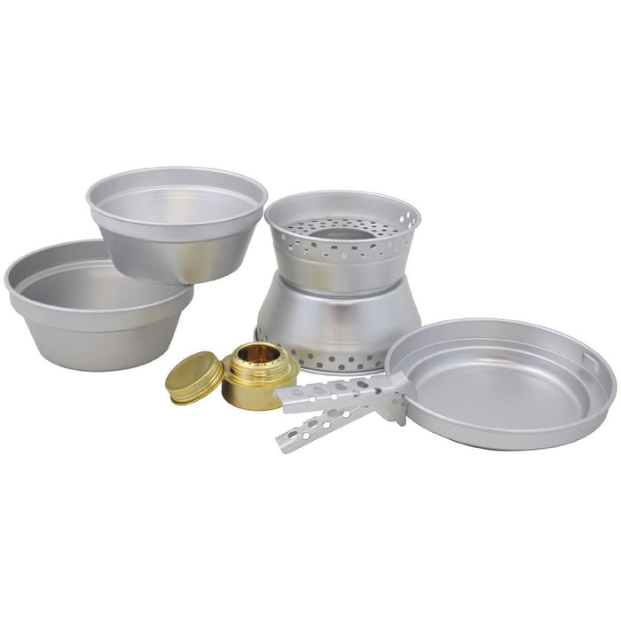Batterie de cuisine de camping légère en aluminium MFH PREMIUM avec casseroles, poêle, brûleur à alcool en laiton et poignée pliante pour une utilisation en extérieur.