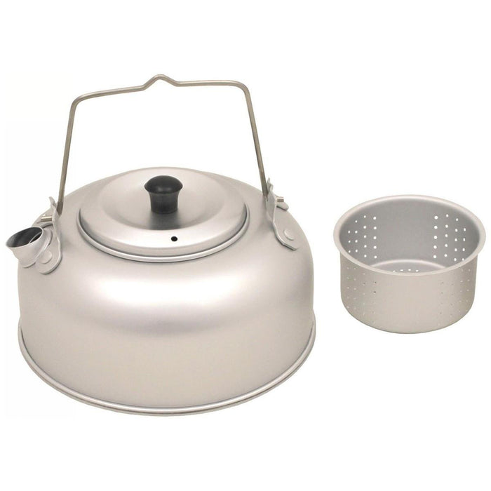 Bouilloire de camping légère en aluminium avec couvercle et passoire à thé intégrée, capacité de 1 litre pour une utilisation en extérieur.