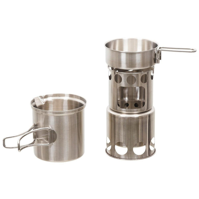 Compacte roestvrijstalen campingkookset met pot, pan en draagbaar fornuis voor buiten koken en wandeltochten