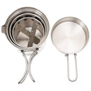Compact stainless steel camping cook set with pot, pan, and foldable handles for trekking and hiking outdoors.