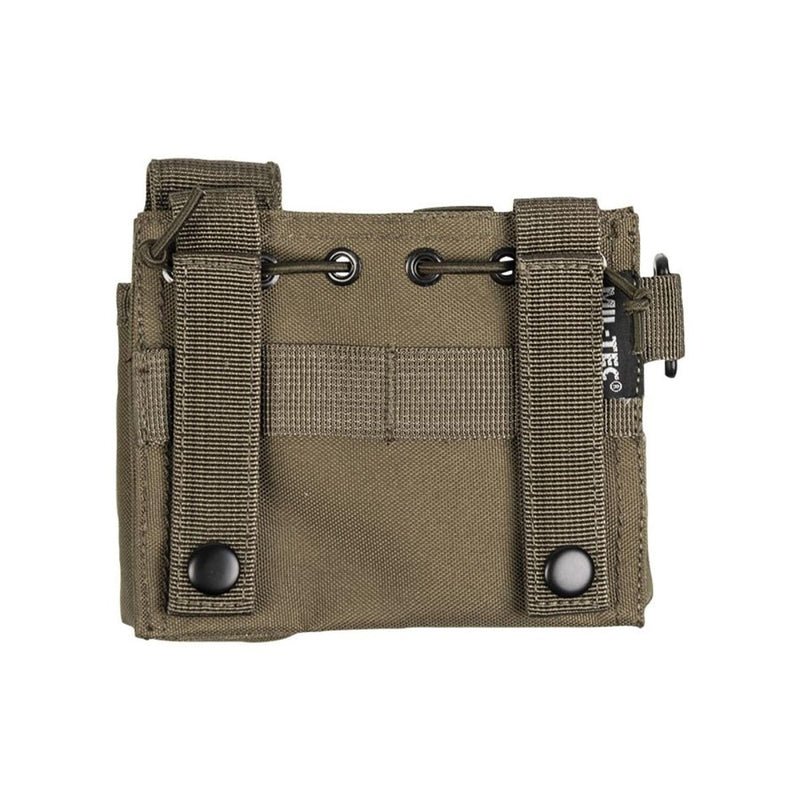 Olive green MIL-TEC admin pouch with MOLLE attachment straps for carrying flashlight, pen, and notebook.