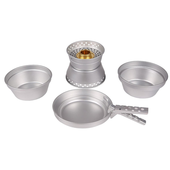 MIL-TEC aluminium campingpannenset met twee potten, pan en compacte messing brander voor wandelen en buitenkoken.