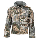 Military camouflage softshell tactical jacket with fleece lining, waterproof hood, and multiple zippered pockets.