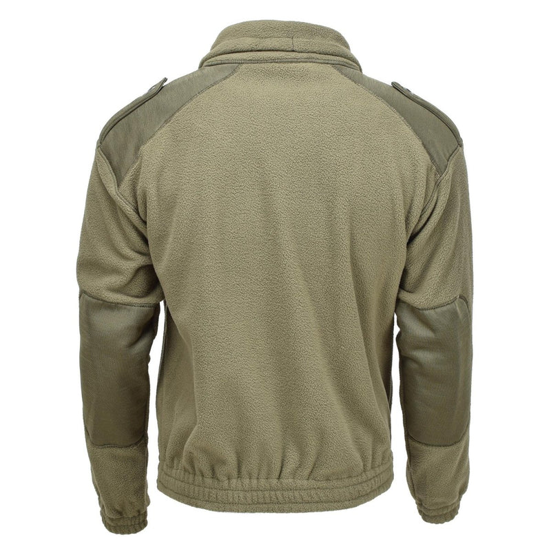 Back view of olive green MIL-TEC army style fleece jacket with reinforced shoulders and elbow patches for cold weather.
